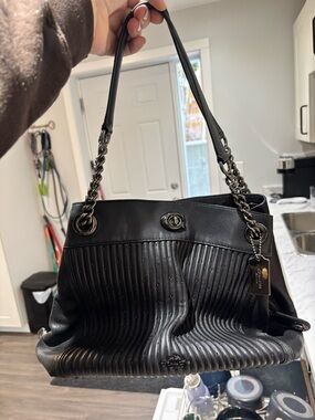 Coach Black Quilted Ribbed Leather Shoulder Bag with Chain Handles